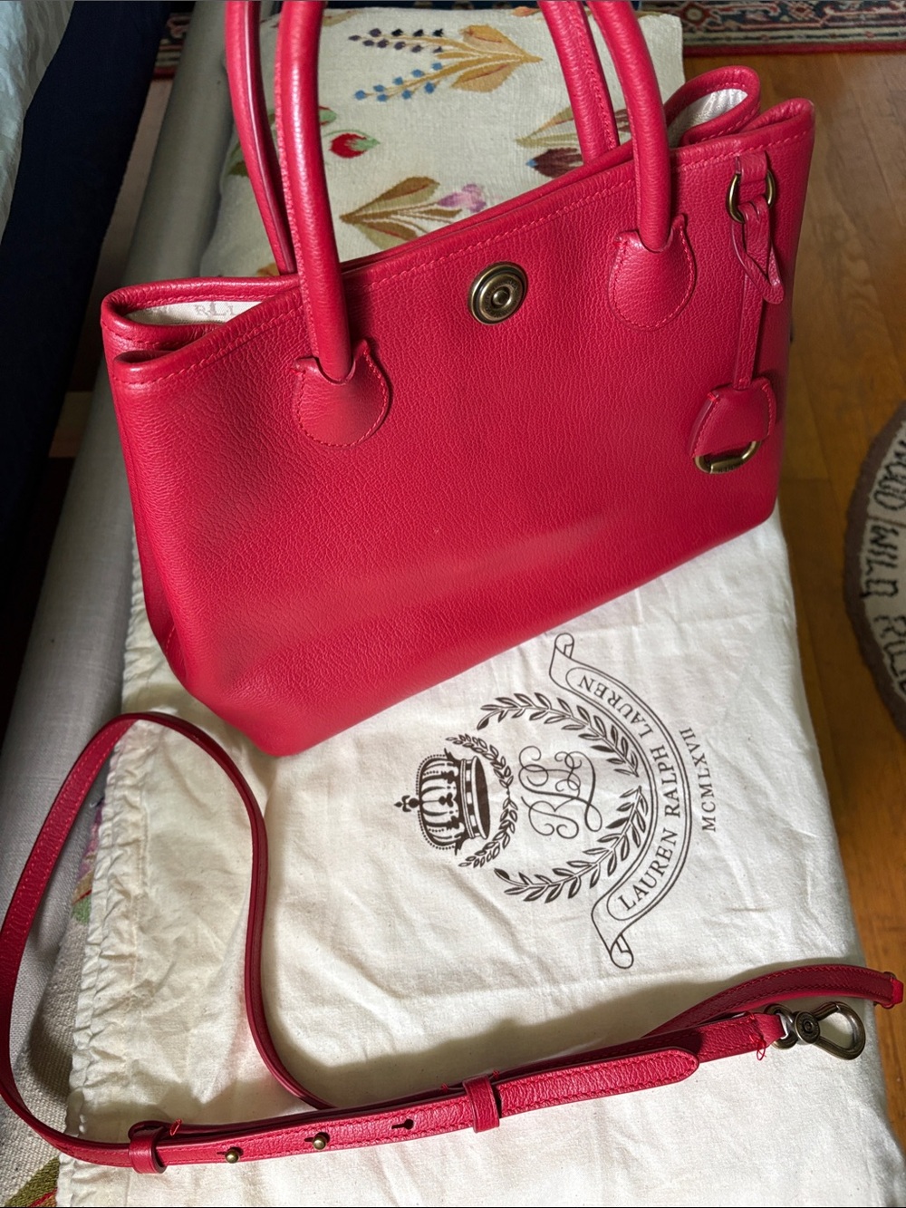 Lauren Ralph Lauren Bright Red Pebbled Leather Tote with xbody strap